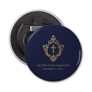Crest Boy Confirmation Favours Navy Blue Faux Gold Bottle Opener