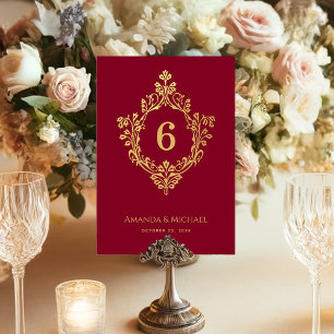 Crest Burgundy Faux Gold Vintage Elegant Wedding Table Number