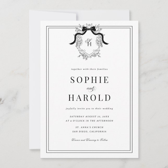 Crest Coquette Bow Monogram All in One Wedding Invitation (Front)