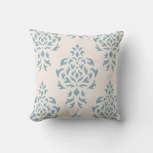 Crest Damask Pattern – Blue on Cream Throw Pillow
