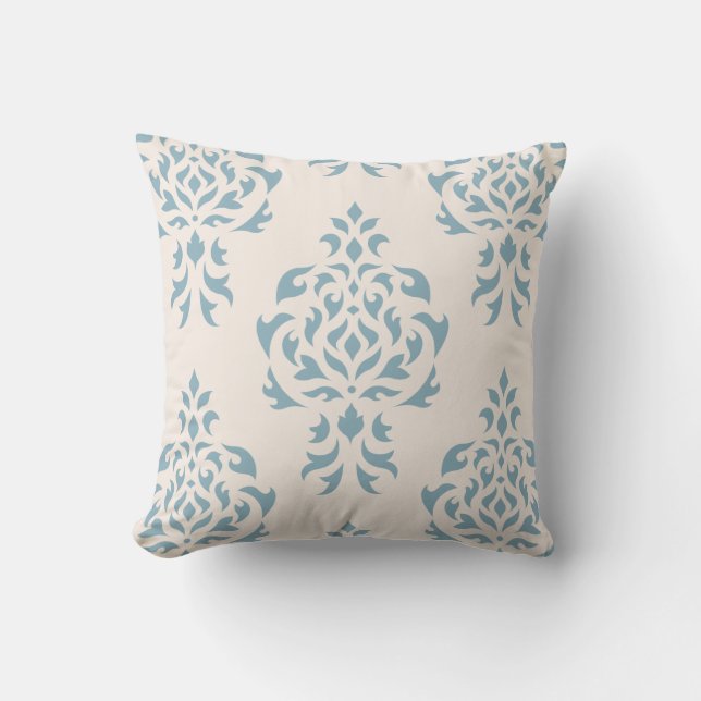 Crest Damask Pattern – Blue on Cream Throw Pillow (Front)