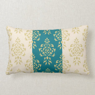 Crest Damask Pattern – Gold on Teal & Cream Lumbar Pillow