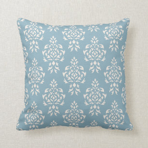 Crest Damask Repeat Pattern – Cream on Blue Throw Pillow