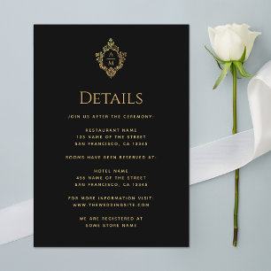 Crest Details Black Faux Gold Wedding Monogram Enclosure Card