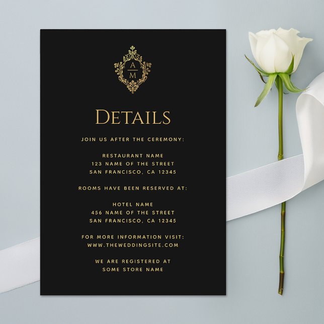 Crest Details Black Faux Gold Wedding Monogram  Enclosure Card (Creator Uploaded)