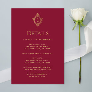 Crest Details Burgundy Wedding Monogram Faux Gold Enclosure Card