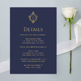 Crest Details Navy Blue Wedding Monogram Faux Gold Enclosure Card
