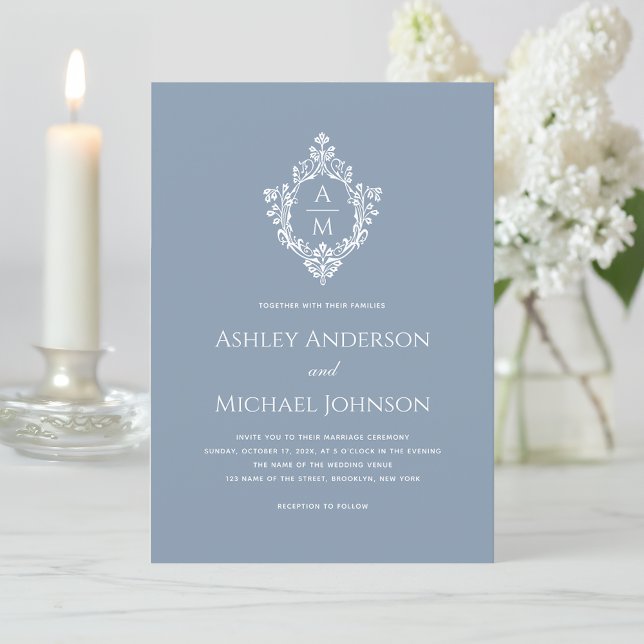 Crest Dusty Blue Elegant Monogram Formal Wedding Invitation (Creator Uploaded)