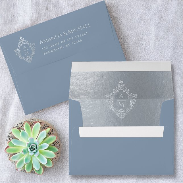 Crest Dusty Blue Wedding Monogram Faux Silver Foil Envelope (Creator Uploaded)