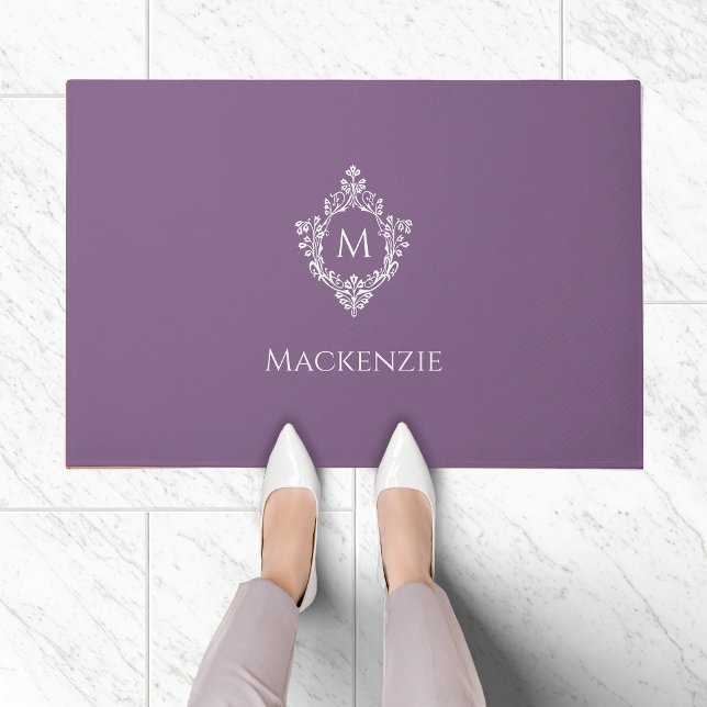 Crest Dusty Purple Elegant Monogram Initial & Name Doormat (Creator Uploaded)