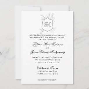 Crest Foliage Modern Classic Black White Wedding Invitation