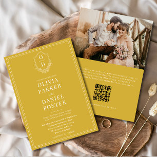 Crest Gold Champagne QR Code Photo Wedding Invitation