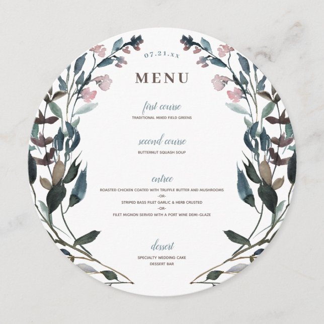 Crest jardin | Menu Mariage Floral Bleu Blanc (Devant)