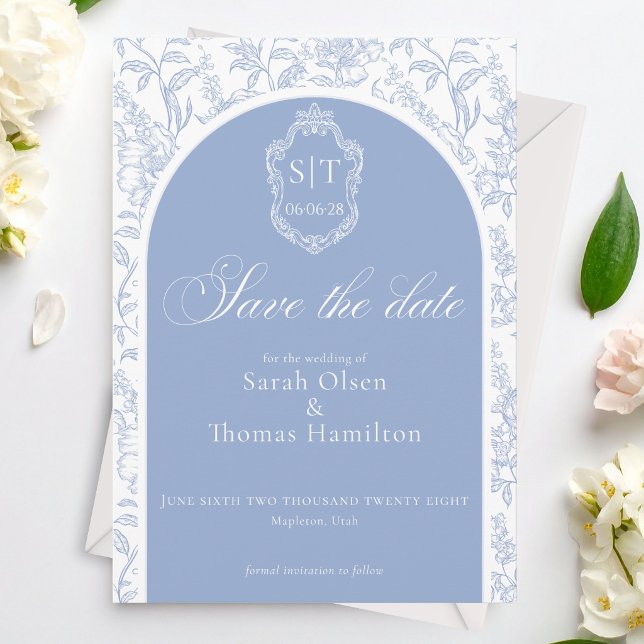 Crest Monogram Blue Chinoiserie Floral Script Save The Date (Creator Uploaded)