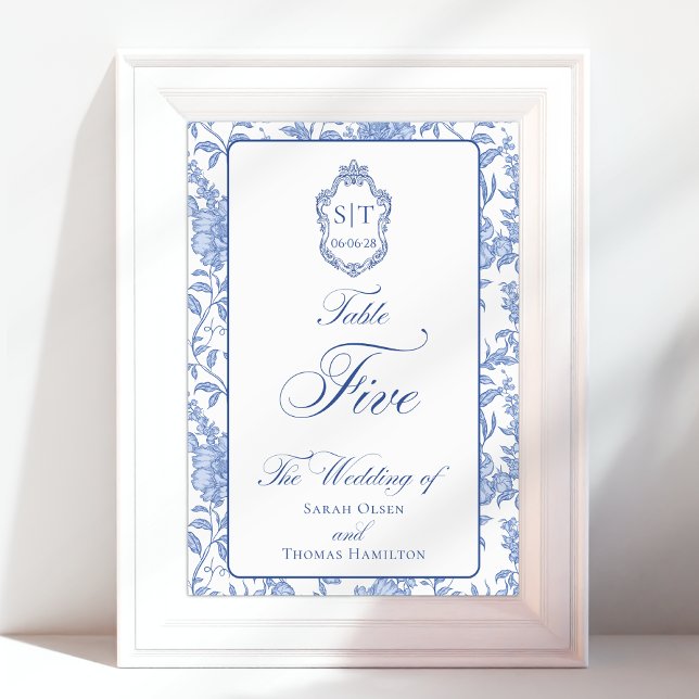 Crest Monogram Blue Floral Script Five Table Number (Creator Uploaded)