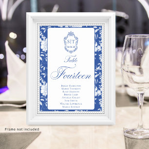 Crest Monogram Blue Floral Script Fourteen 8 Names Table Number