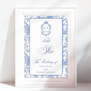 Crest Monogram Blue Floral Script Six Table Number