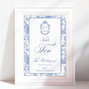 Crest Monogram Blue Floral Script TEN Table Number