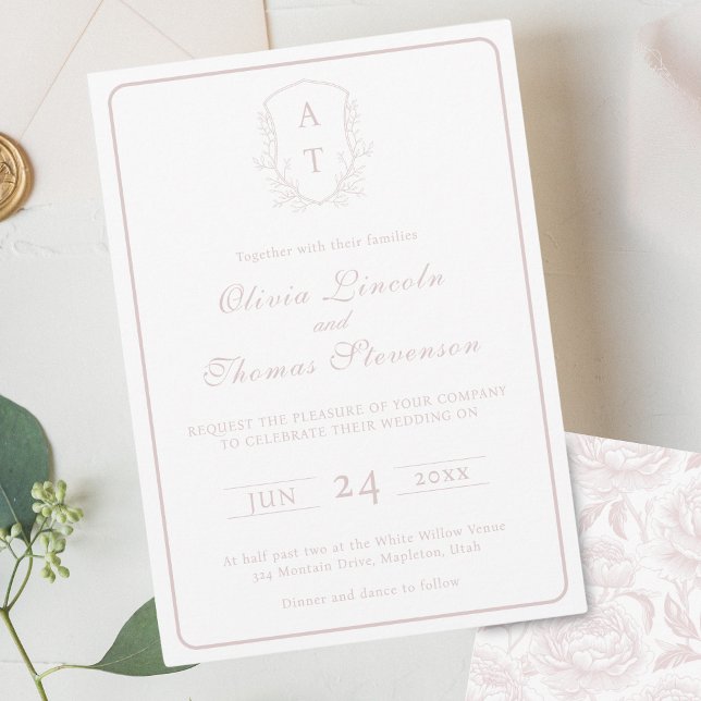 Crest Monogram Blush Pink Wedding Invitation (Creator Uploaded)