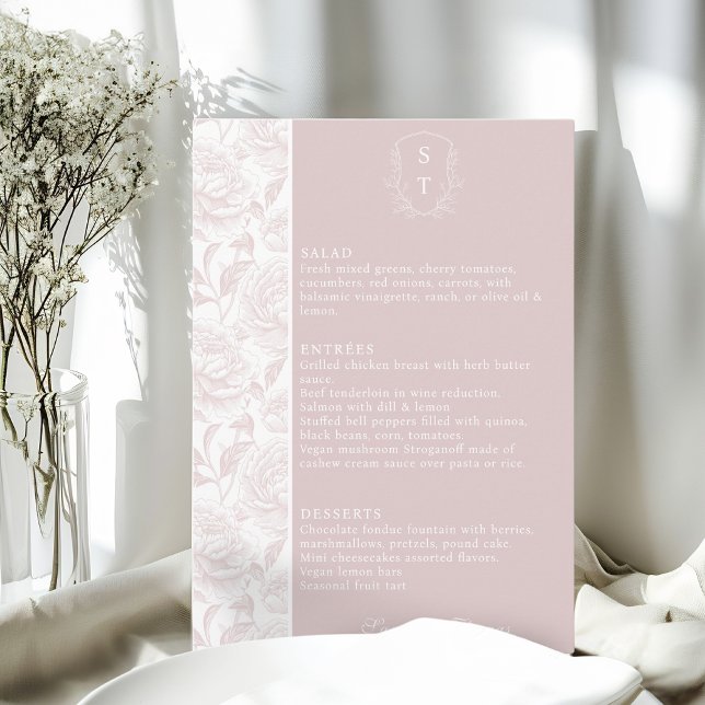 Crest Monogram Blush Pink Wedding Menu Card (Creator Uploaded)
