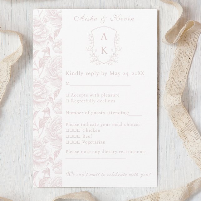 Crest Monogram Blush Pink Wedding RSVP Card (Creator Uploaded)