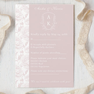 Crest Monogram Blush Pink Wedding RSVP Card