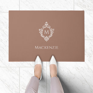 Crest Monogram Brown White Initial & Name elegant  Doormat