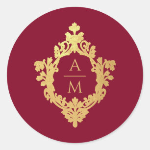 Crest Monogram Burgundy Faux Gold Vintage Wedding  Classic Round Sticker
