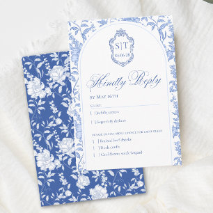 Crest Monogram Delft Blue Floral Script RSVP Card