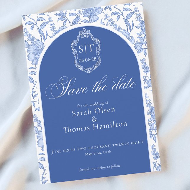 Crest Monogram Delft Blue Floral Script Save The Date (Creator Uploaded)