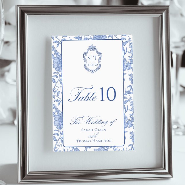 Crest Monogram Delft Blue Floral Script Table Number (Creator Uploaded)
