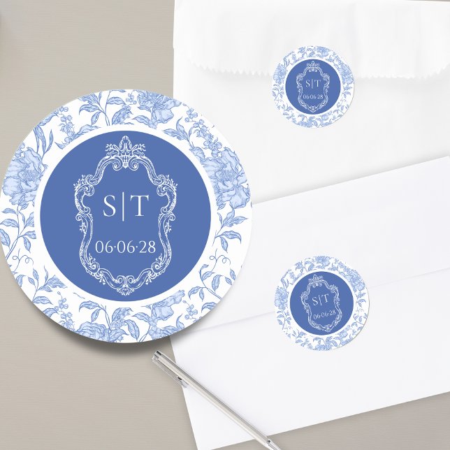 Crest Monogram Delft Blue Floral Wedding Classic Round Sticker (Creator Uploaded)