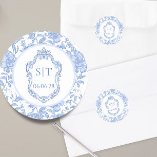 Crest Monogram Delft Blue Floral Wedding Classic Round Sticker