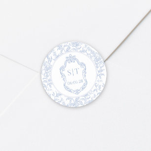 Crest Monogram Dusty Blue Floral Wedding Classic Round Sticker