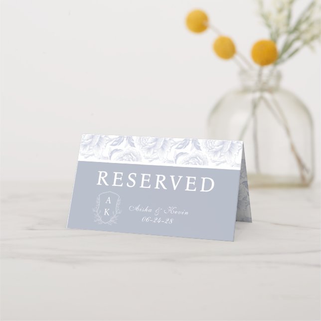 Crest Monogram Dusty Blue Peony Reserved Place Card (Front)