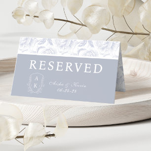 Crest Monogram Dusty Blue Peony Reserved Place Card