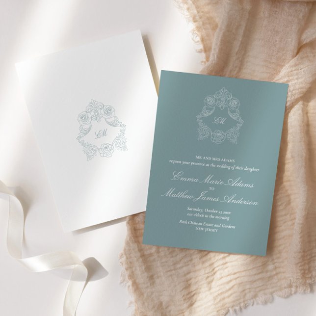 Crest Monogram Dusty Blue Sophisticated Wedding Invitation (Creator Uploaded)