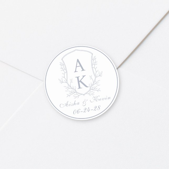 Crest Monogram Dusty Blue Wedding Classic Round Sticker (Creator Uploaded)