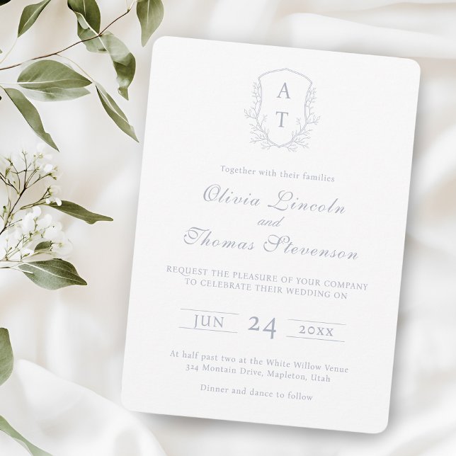 Crest Monogram Dusty Blue Wedding Invitation (Creator Uploaded)