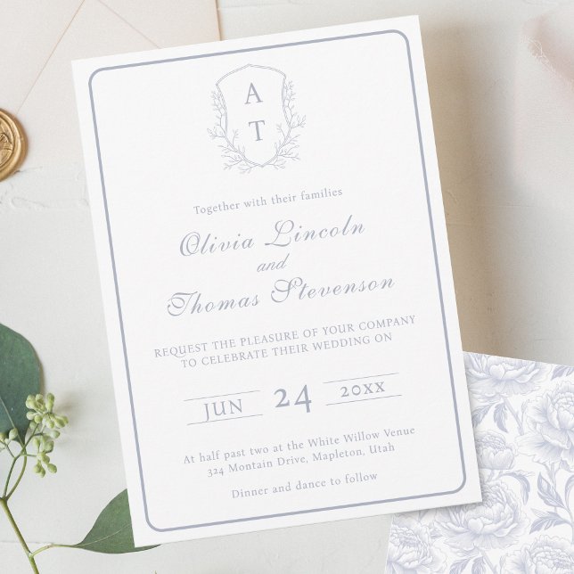 Crest Monogram Dusty Blue Wedding Invitation (Creator Uploaded)