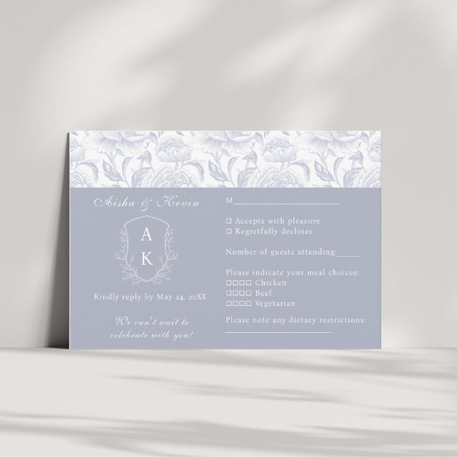 Crest Monogram Dusty Blue Wedding landscape RSVP Card (Creator Uploaded)