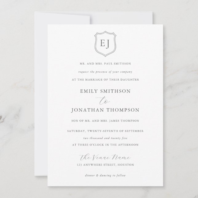 Crest Monogram Initials Grey Text Formal Wedding Invitation (Front)