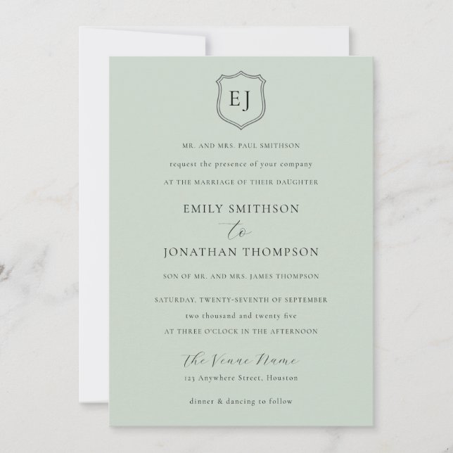 Crest Monogram Initials Sage Green Formal Wedding Invitation (Front)