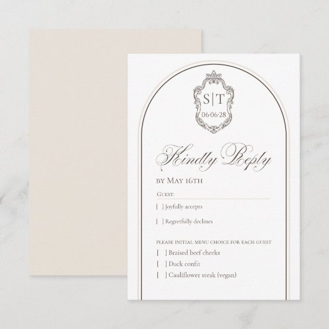 Crest Monogram Mocha And Cream Wedding RSVP Card (Front/Back)