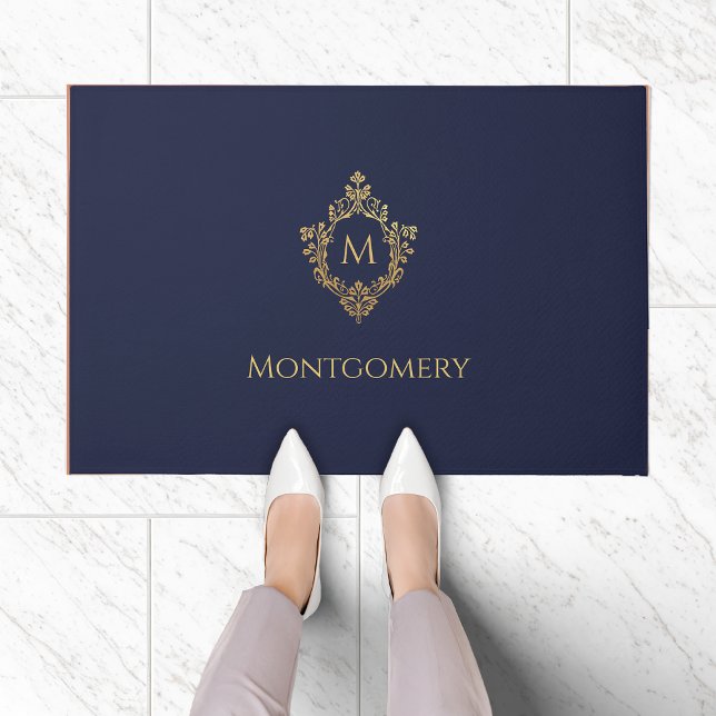 Crest Monogram Navy Blue Faux Gold Elegant Initial Doormat (Creator Uploaded)