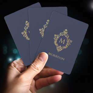 Crest Monogram Navy Blue Faux Gold Vintage Initial Playing Cards