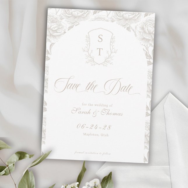 Crest Monogram Pale Taupe Script Save The Date (Crest Save The Date Formal Card pale taupe, beige,  cream)