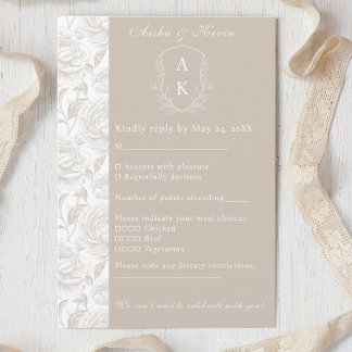 Crest Monogram Pale Taupe Wedding RSVP Card