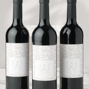 Crest Monogram Pale Taupe Wedding Wine Label