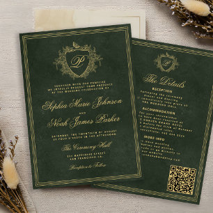 Crest monogram QR code emerald green gold wedding Invitation
